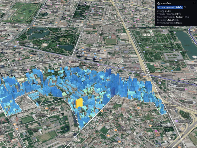 มุมมองอาคารและพื้นที่ใช้สอยแบบสามมิติใน CityMETER พร้อมอาคารที่เลือกและรายละเอียดประกอบ