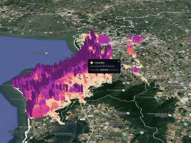 มุมมองราคาประเมินที่ดินและโฉนดใน CityMETER แสดงระดับราคาเป็นแท่งสีบนแผนที่